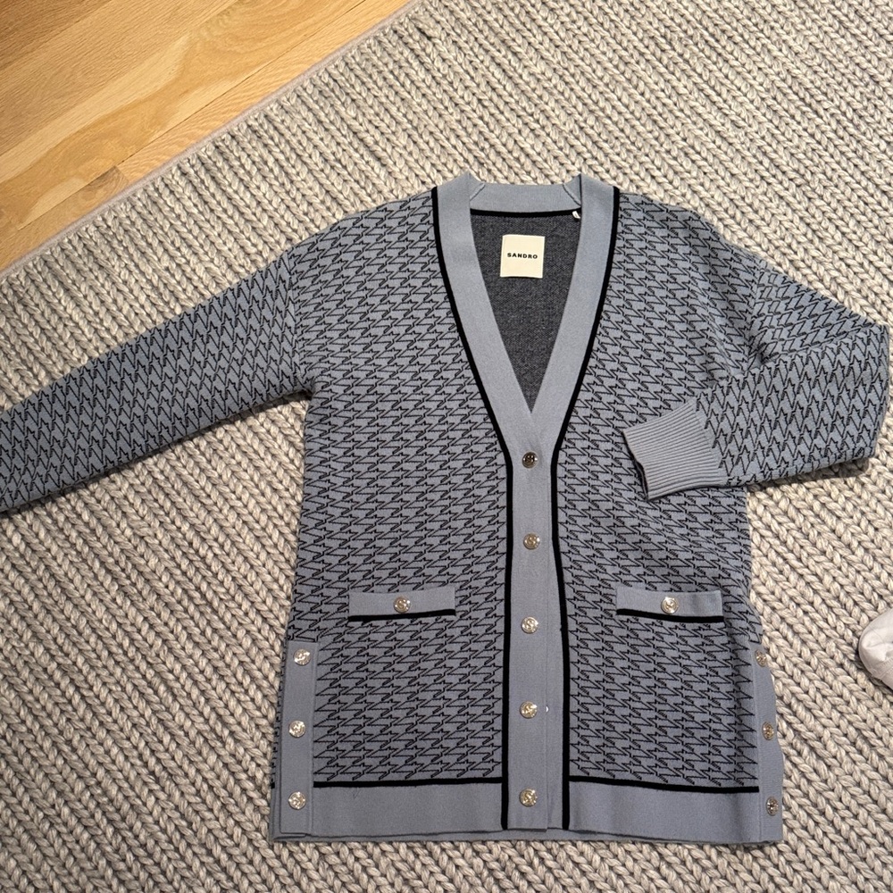 Sandro Black and Blue Patterned Wool & Cashmere Cardigan